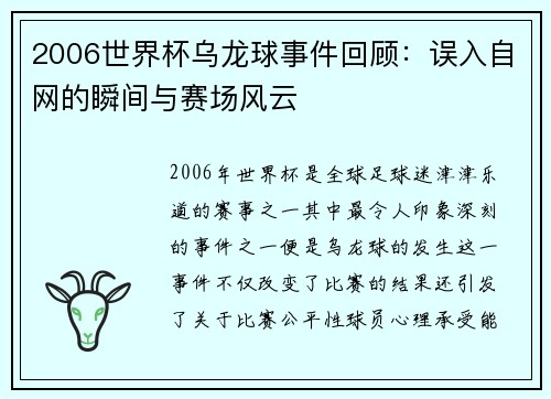 2006世界杯乌龙球事件回顾：误入自网的瞬间与赛场风云