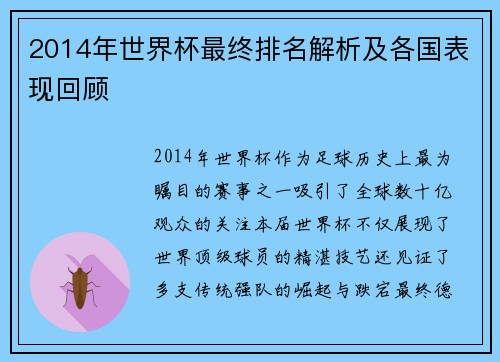 2014年世界杯最终排名解析及各国表现回顾